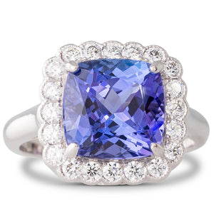 Cushion Cut Tanzanite Cluster Ring