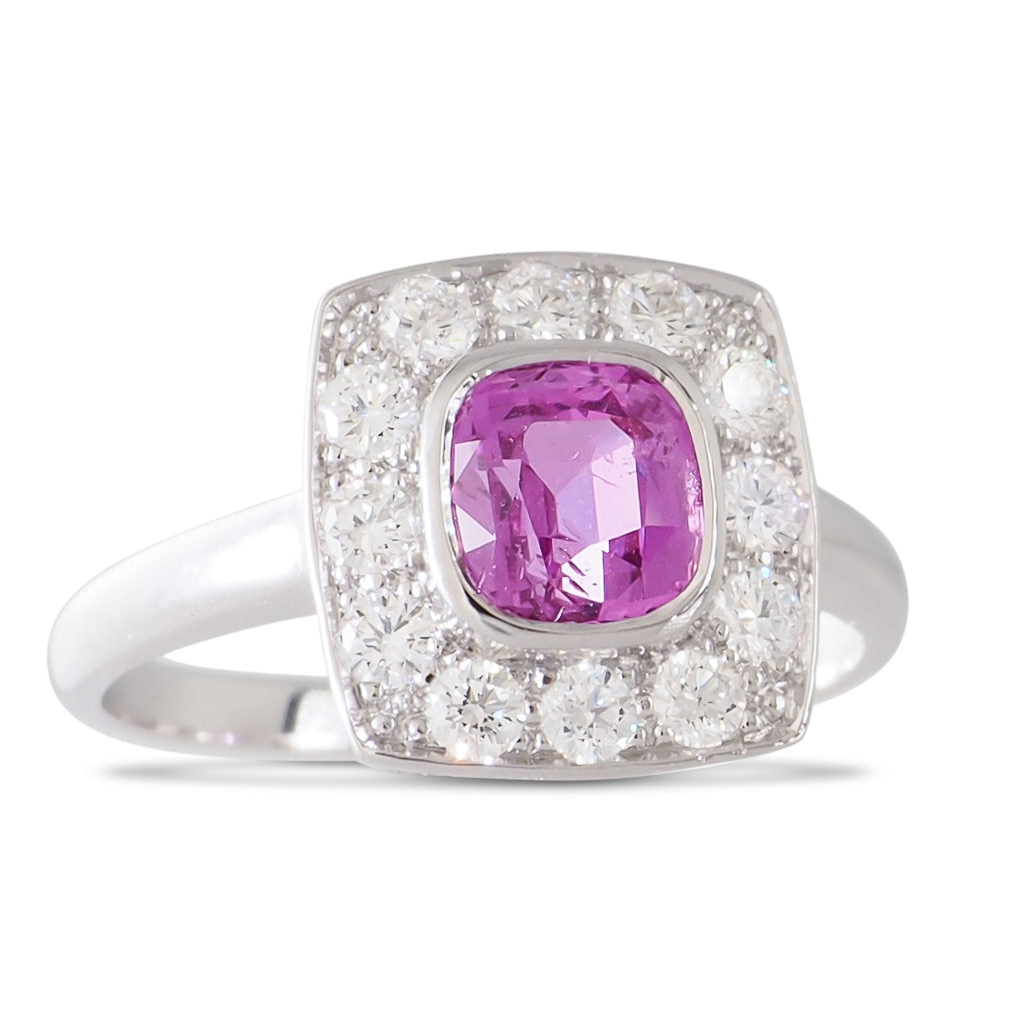 Cushion cut store pink sapphire ring