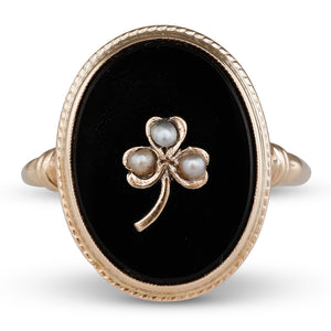 Onyx and Seed Pearl Shamrock Ring